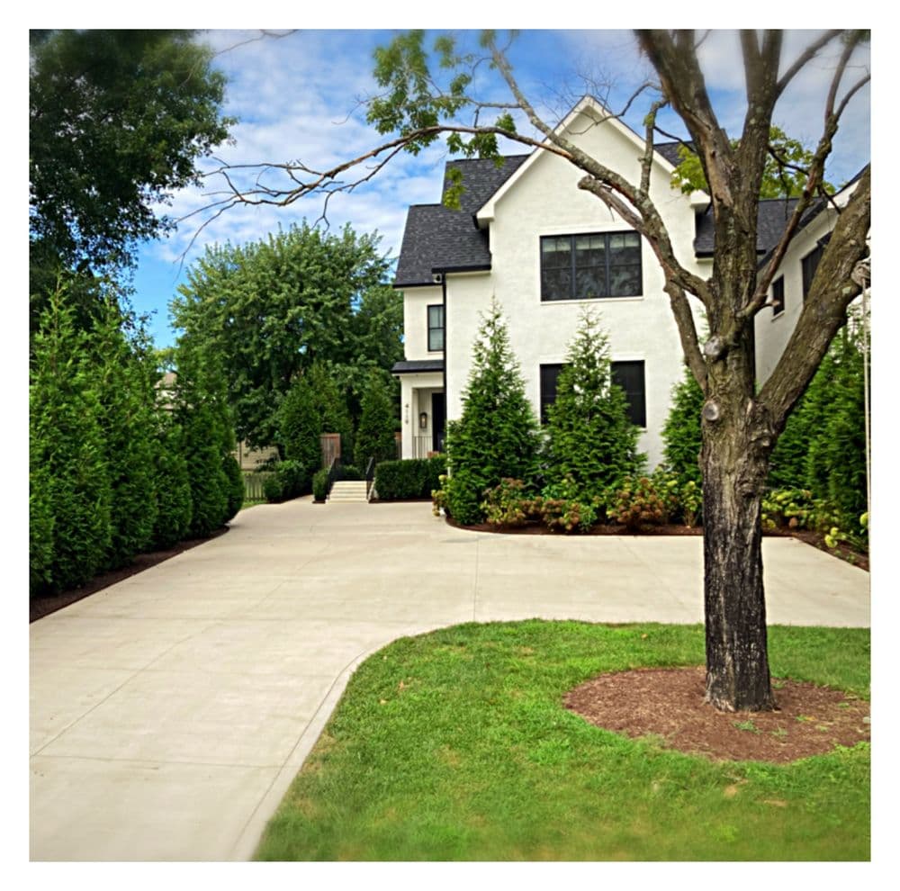Modern white house with landscaped driveway and lush greenery under a blue sky.