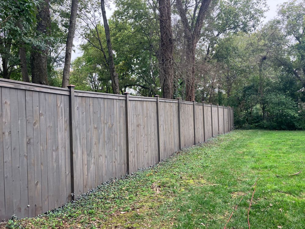 Wooden fence along a grassy area surrounded by trees, creating a private outdoor space.
