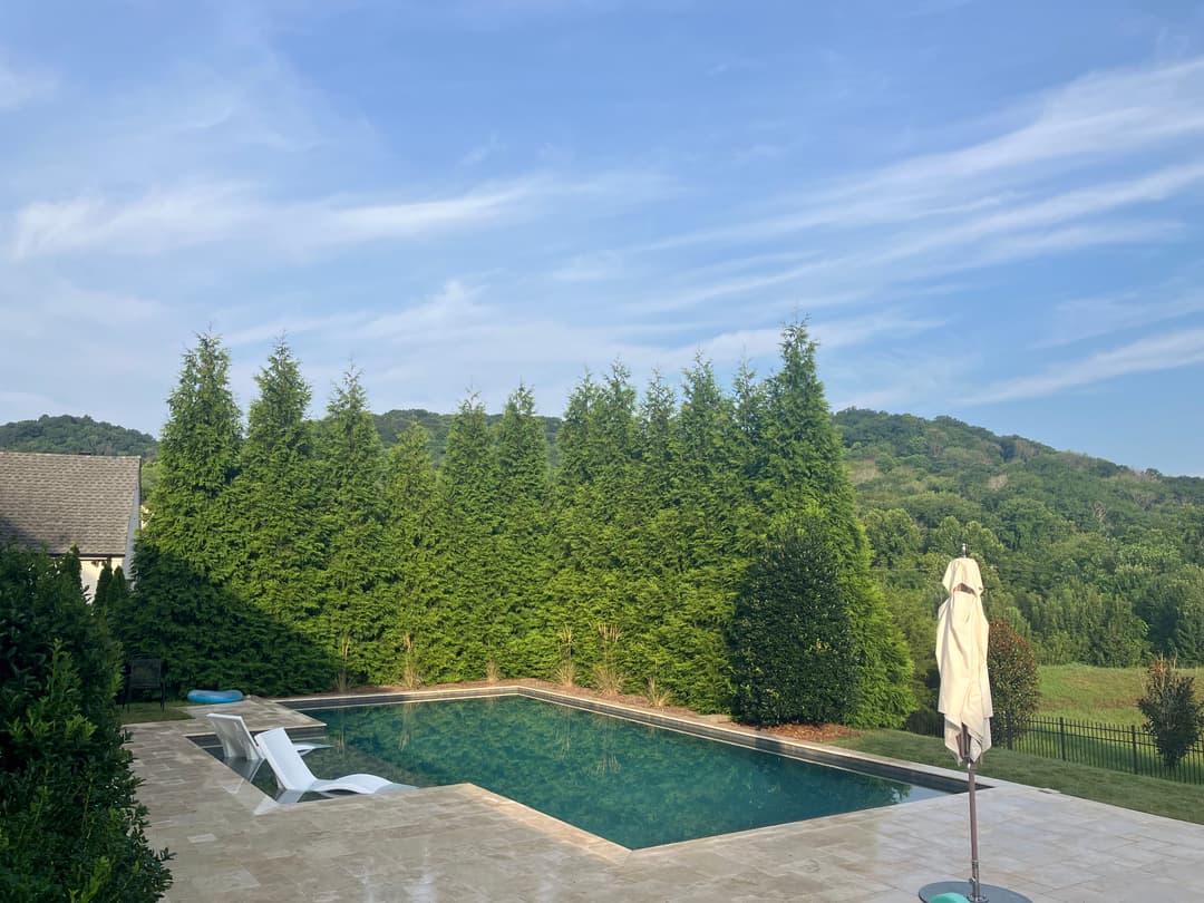 Modern backyard with a swimming pool surrounded by lush greenery and rolling hills.