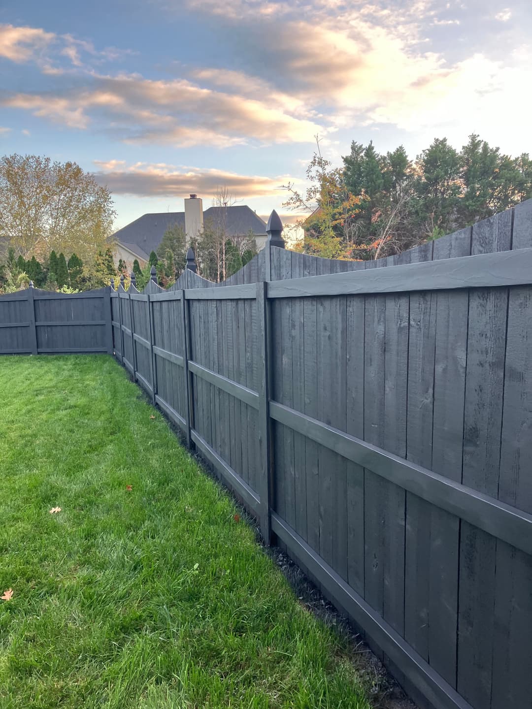 Black wooden fence with pointed tops and lush green grass under a cloudy sky at sunset.