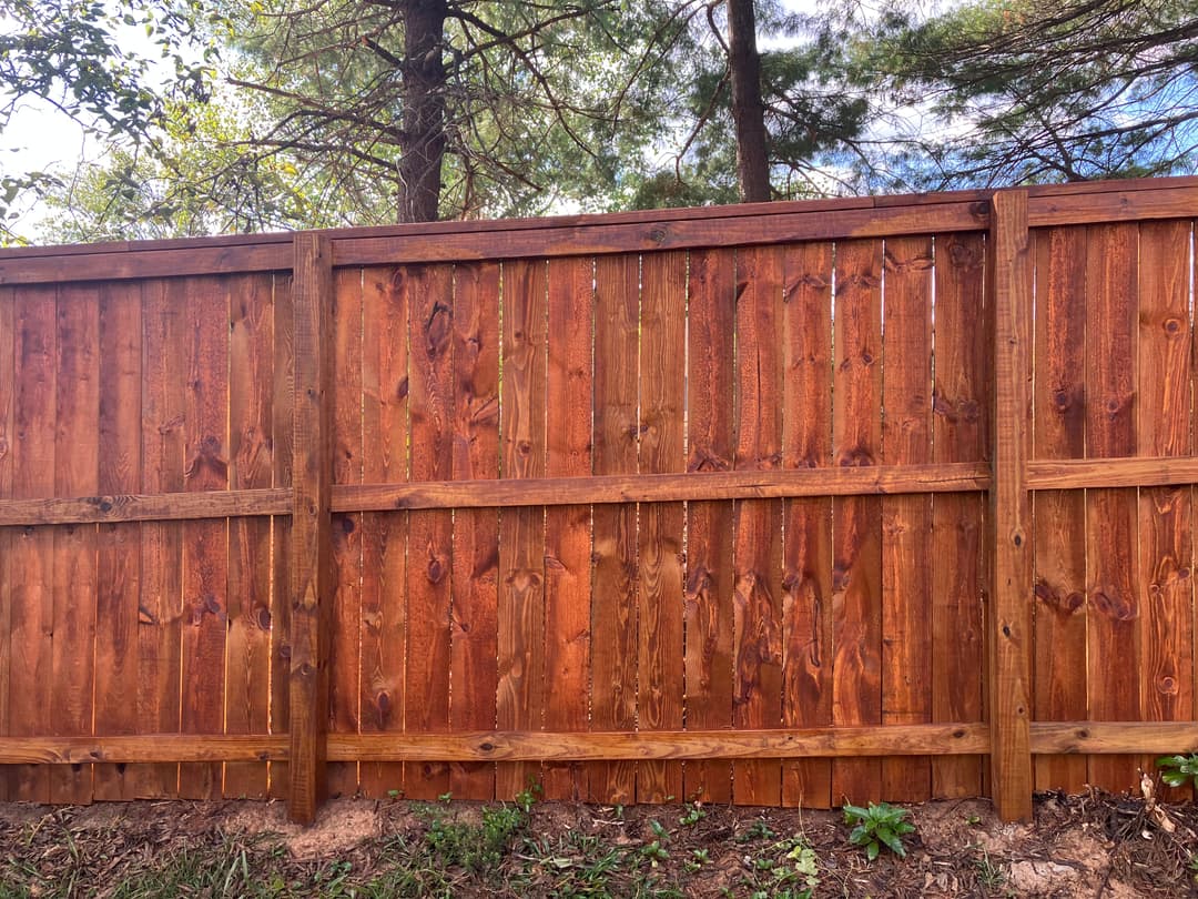 Wooden fence with vertical planks set against a background of trees and blue sky.