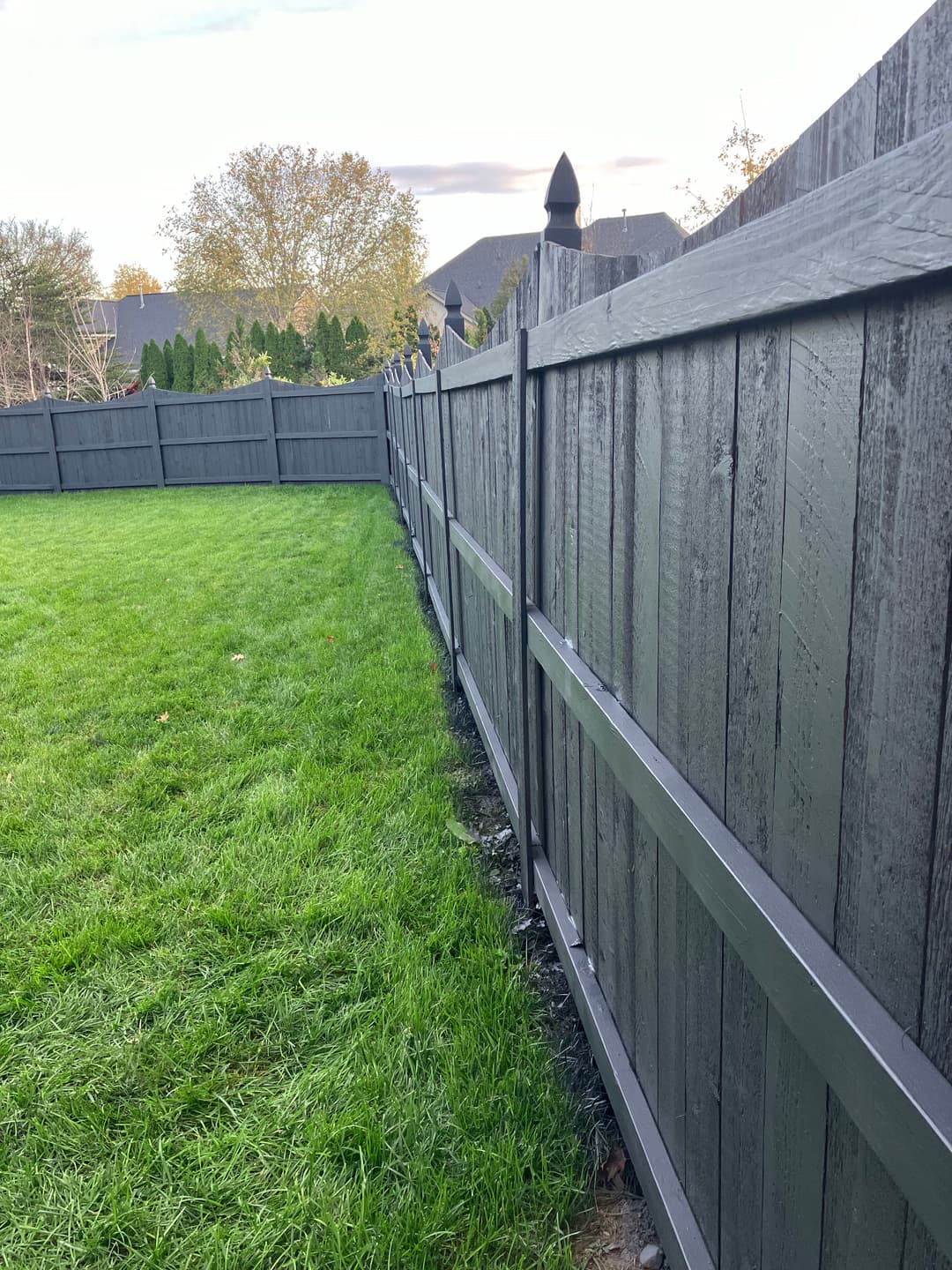 Black wooden fence along a green lawn with trees and houses in the background.