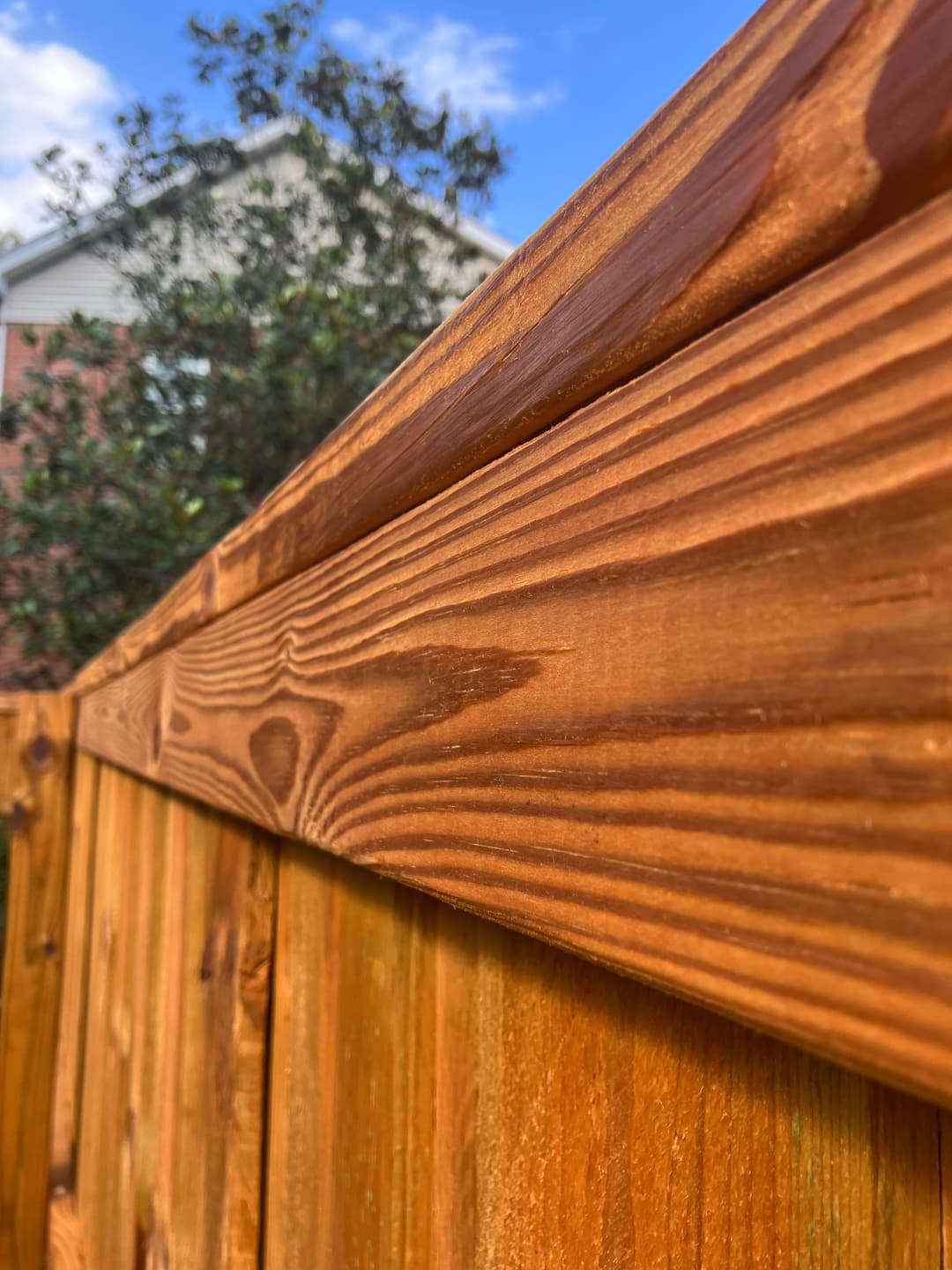 Close-up of a wooden fence with a clear blue sky in the background.