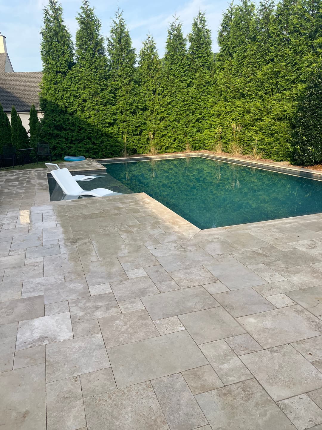 Modern backyard with a pristine pool, sun loungers, and tall green hedges.