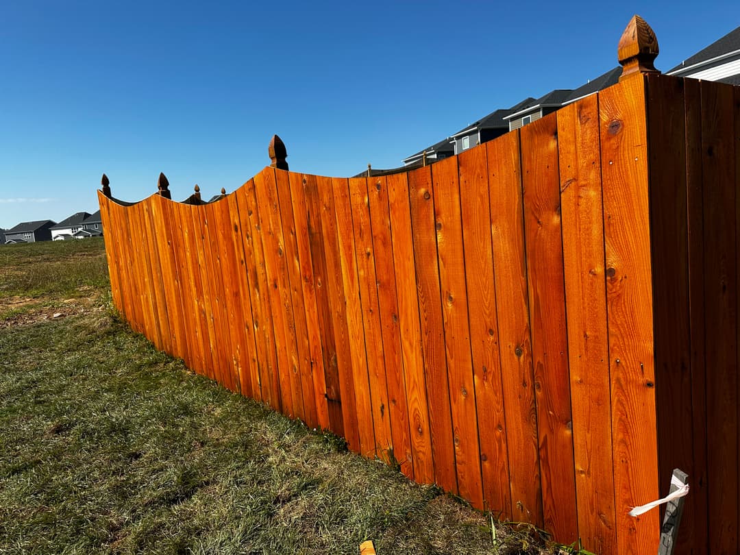 Tall wooden fence with pointed posts, bright orange stain, and clear blue sky background.