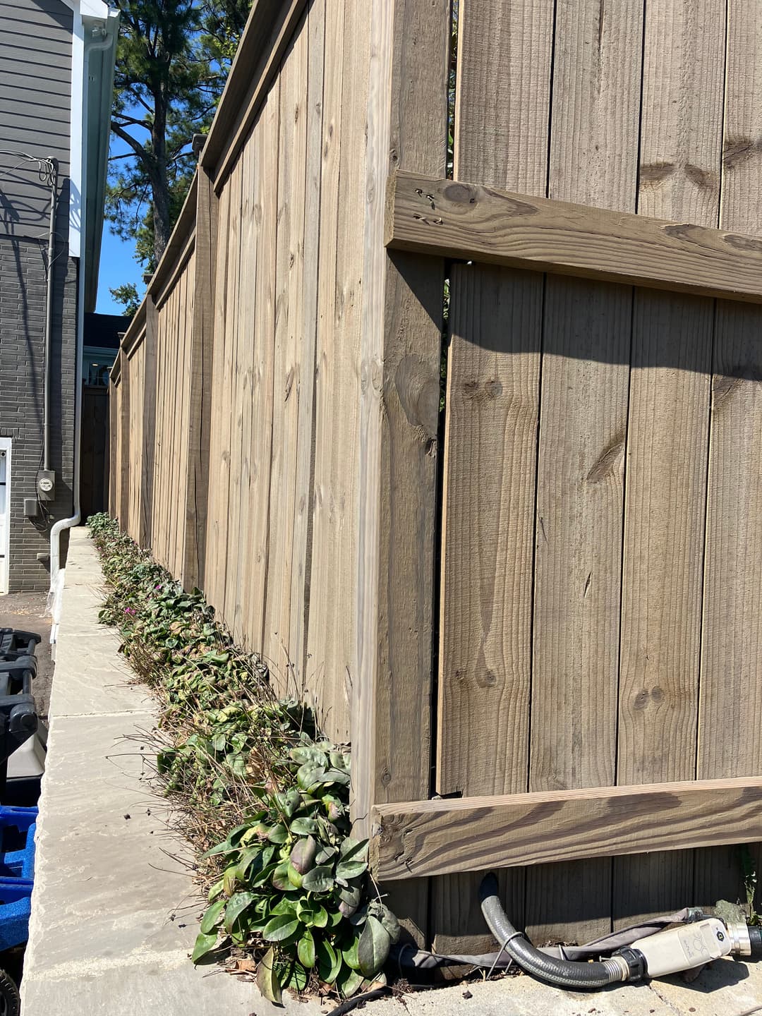 Wooden fence alongside a stone foundation with green plants growing at the base.